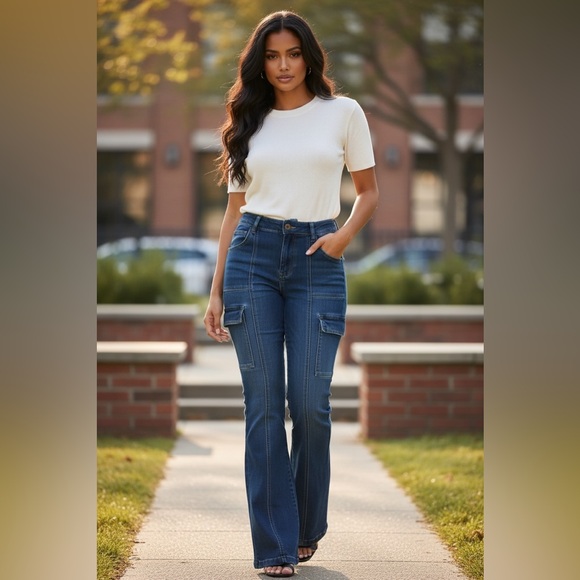 Denim - High-Rise Dark Blue Cargo Flare Jeans - Women 14